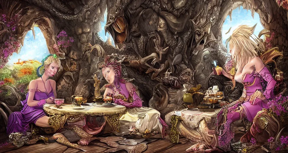 Prompt: A huge dragon having tea with his captive princess in his treasure-laden lair, digital art, detailed