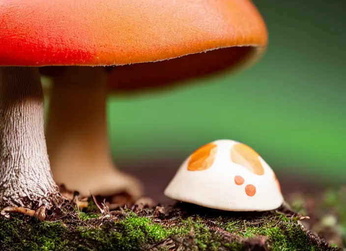 Image similar to a a cute creature sitting next to a mushroom, realistic, very detailed, complex, intricate, studio lighting, superres sharpening, bokeh, sigma 5 0 mm f 1. 4