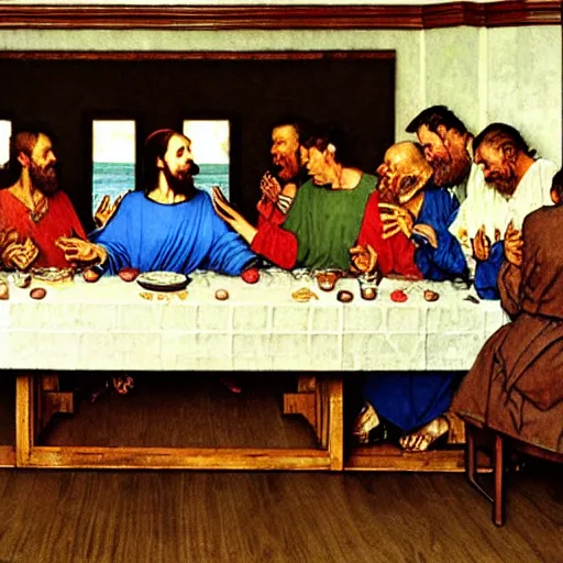 Prompt: the last supper painted by norman rockwell