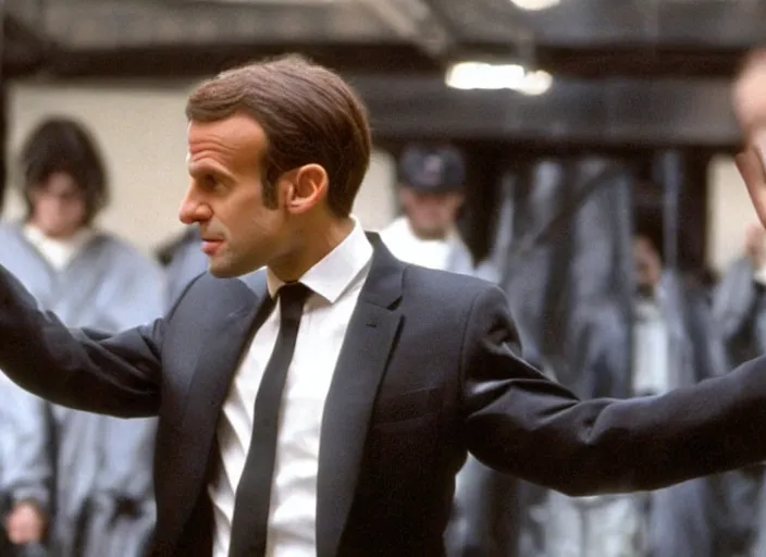 Image similar to hyper realistic, production still of emmanuel macron playing neo in matrix ( 1 9 9 9 ), 4 k, highly detailed, anamorphic