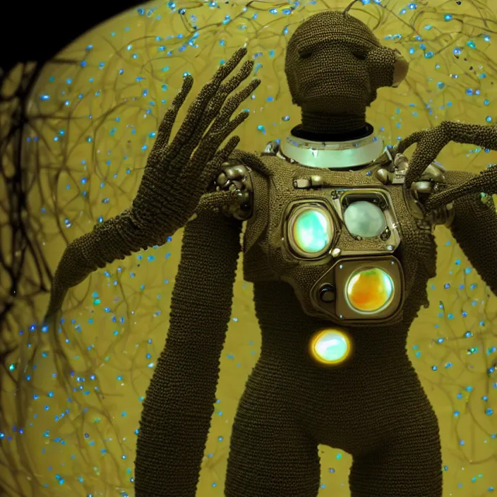 Image similar to a cybernetic symbiosis of a single astronaut mech-organic eva suit made of pearlescent wearing knitted shiny ceramic multi colored yarn thread infected with diamond 3d fractal lace iridescent bubble 3d skin dotted covered with orb stalks of insectoid compound eye camera lenses floats through the living room, film still from the movie directed by Denis Villeneuve with art direction by Salvador Dalí, wide lens,kevlar,carbon fiber,ceramics,gaseous materials,