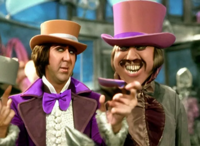 Prompt: film still of Nicolas Cage as Willy Wonka in Willy Wonka and the Chocolate Factory 1971