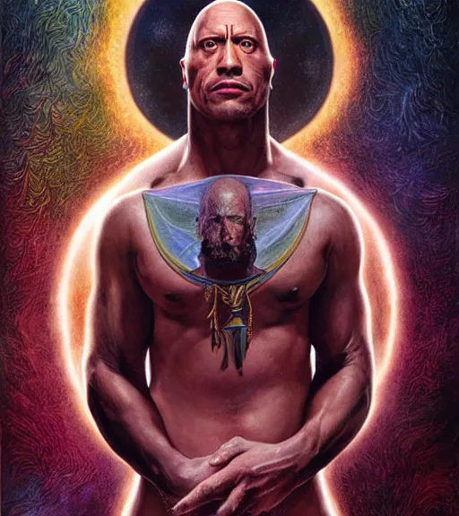 Prompt: A Magical Portrait of Dwayne Johnson as Aleister Crowley the Great Mage of Thelema, art by Tom Bagshaw and Wayne Barlowe and John Jude Palencar