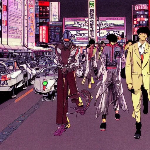 Prompt: moebius, mechanical inhuman monsters walking the streets of shinjuku,