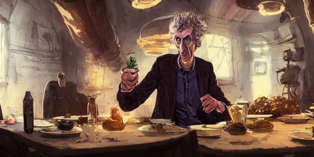 Prompt: cartoonish peter capaldi eating dinner, vivid colors, character sheet, fine details, concept design, contrast, kim jung gi, greg rutkowski, trending on artstation, 8 k, full body, turnaround, front view, back view, ultra wide angle