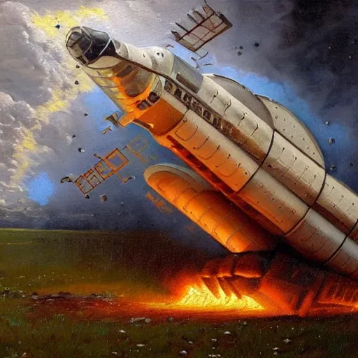 Prompt: a russian spaceship stuck in the ground, the spaceship is on fire, smoke, rainstorm, lightning, angry, kinetic, john sargent, adolphe bouguereaum, norman rockwell, style by peter deligdisch, trending on artstation, highly detailed oil painting,