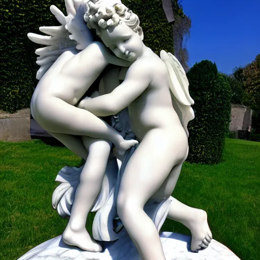 Prompt: a photograph of a beautiful sculpture of Cupid and Eros going together on a bycicle, white polished marble sculpture by Antonio Canova, long shot photograph