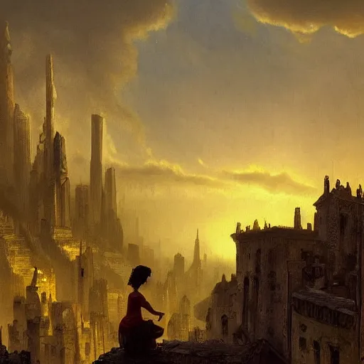 Image similar to a girl looks over a city at sunset, the city is a sprawling medieval city that is built amidst decaying brutalist cyclopean architecture and overgrown by the rainforest, rpg, hubert robert, cityscape, vista, dying earth