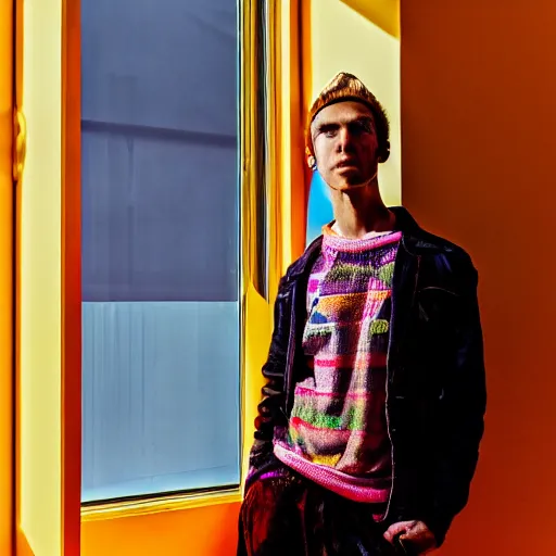 Image similar to un ultra high definition fashion editorial photographic portrait of a young man standing in their unique london art studio wearing all eclectic clothes watching the sun rising through large window. wide angle. three point light. extremely detailed. golden hour, golden ratio, ray tracing, volumetric light, shallow depth of field.