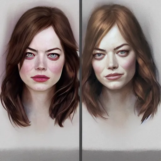 Prompt: face portrait : left - half of face is is sad emma stone, right - half of face is smiling emma stone, fine details, realistic shaded lighting poster by greg rutkowski, magali villeneuve, artgerm, jeremy lipkin and michael garmash and rob rey