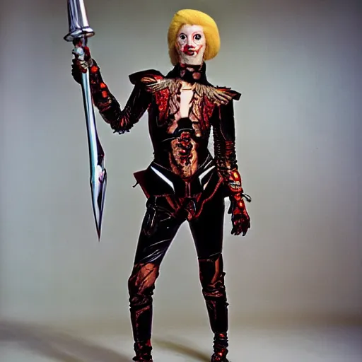 Prompt: klingon with telescopic limbs dressed in glam clothing, photo by cindy sherman
