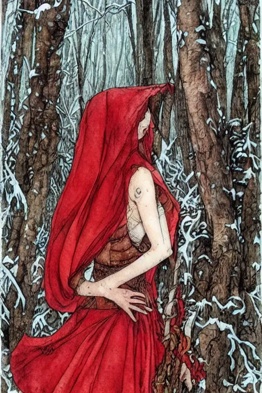 Image similar to detailed red riding hood lost in a winter forest, fantasy art, trending on artstation, fairytales, art by luis royo and walter crane and kay nielsen, watercolor illustration,