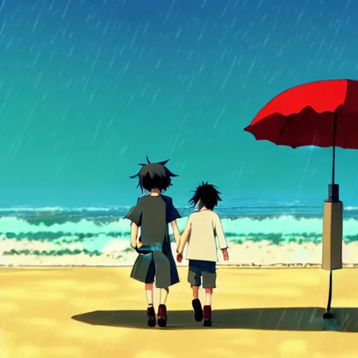 Prompt: anime girl and boy walking together on the Beach, Rain, umbrella, by makoto shinkai, Studio Ghibli, anime wallpaper, illustration, 4k Wallpaper, flat colors, trending on artstation, cgsociety