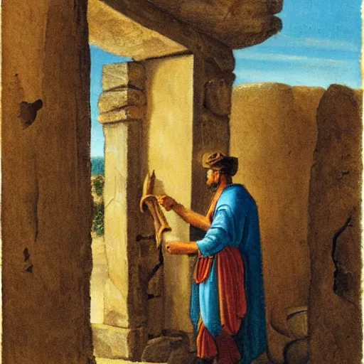 Image similar to man in ancient caananite costume painting a donkey on the doorpost of an ancient home