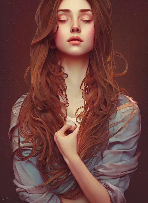 Image similar to handsome young women with shoulder length brown hair, half body shot, path traced, highly detailed, high quality, digital painting, alena aenami, lilia alvarado, shinji aramaki, karol bak, alphonse mucha, tom bagshaw