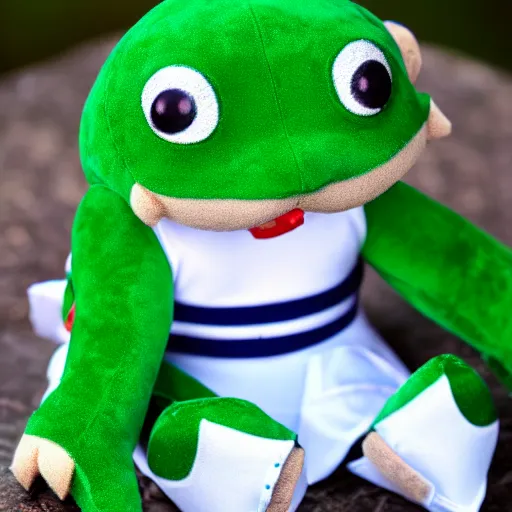 Image similar to stuffed animal frog wearing a sailor suit, plushie photography,