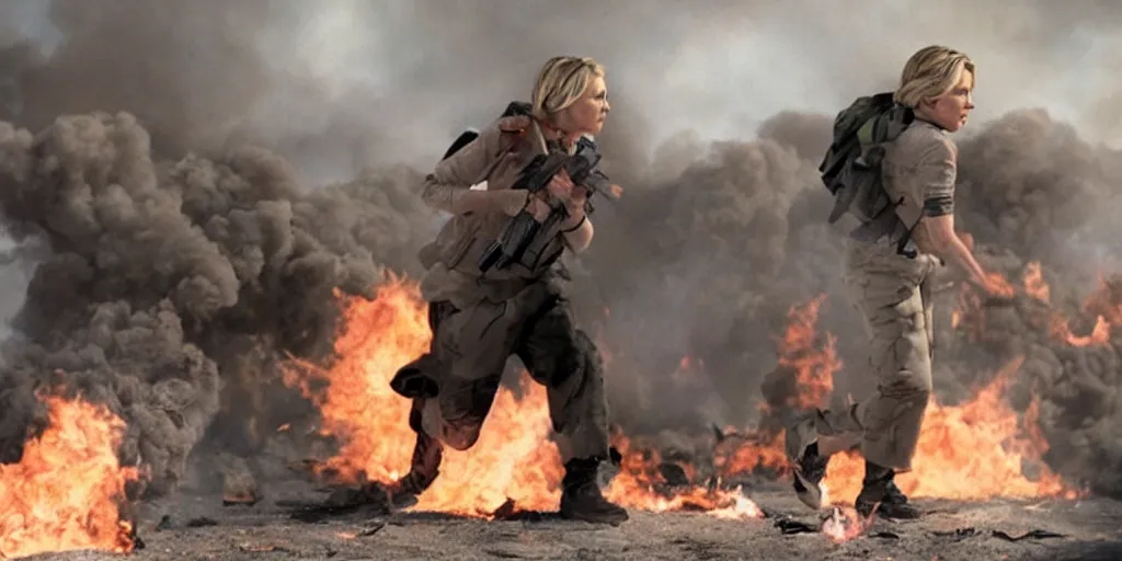 Image similar to movie still of hilary clinton fighting in libya, focused shot, realistic, smoke, fire, octane render