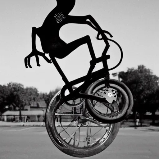 Image similar to alien riding a bmx, photograph