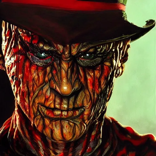 Prompt: ultra realistic portrait painting of freddy krueger, art by frank frazetta, 4 k, ultra realistic, highly detailed, epic lighting