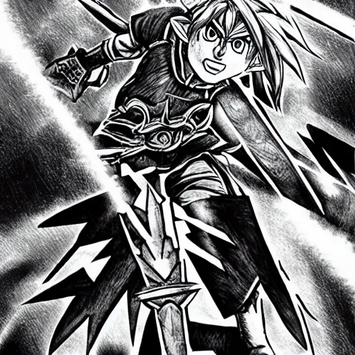 Prompt: fierce deity link fighting majora's mask in the style of kentaro miura, black and white