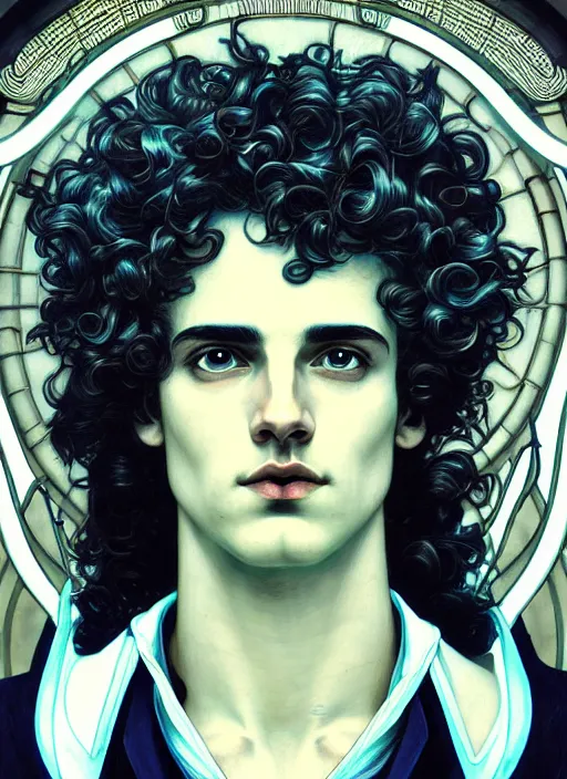 Prompt: the god hermes, young man, curly hair, glowing eyes, volumetric lights, cyan and white scheme, art nouveau botanicals, gothic, intricate, highly detailed, digital painting, artstation, concept art, smooth, sharp focus, symmetric face, illustration, steampunk, art by artgerm and greg rutkowski and alphonse mucha