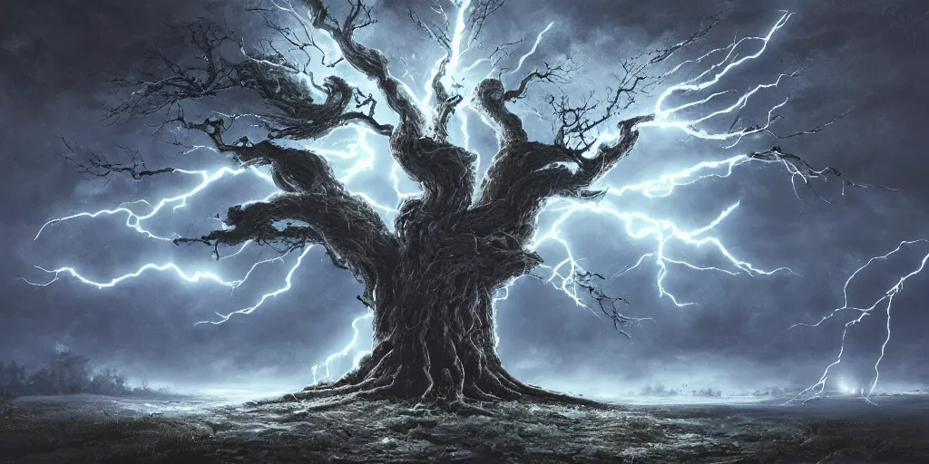 Image similar to the lightning tree, overexposure, electricity, night, unreal engine, digital art, 8 k, oil painting, fantasy art, illustration, detailed and intricate environment