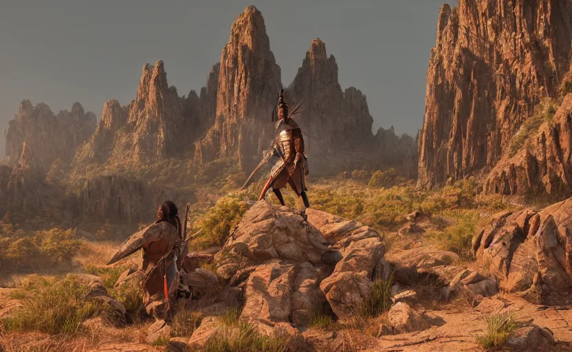 Image similar to highly detailed digital illustration of a comanche warrior, surrounded by dense rock formations, high in mountains, cinematic lighting, photobash, raytracing, volumetric lighting