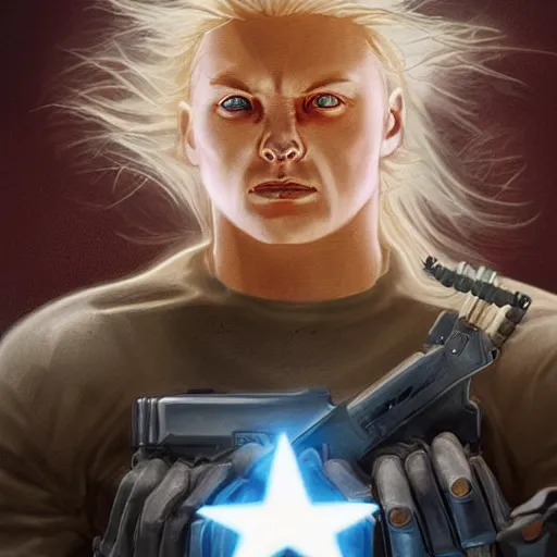 Prompt: A genetically engineered super soldier male with long blond curly hair and pale skin, glowing eyes, from the movie Firestarter, highly detailed, portait, character art by Fiona Staples.