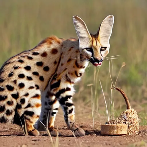 Prompt: a serval eating a delicious timbit