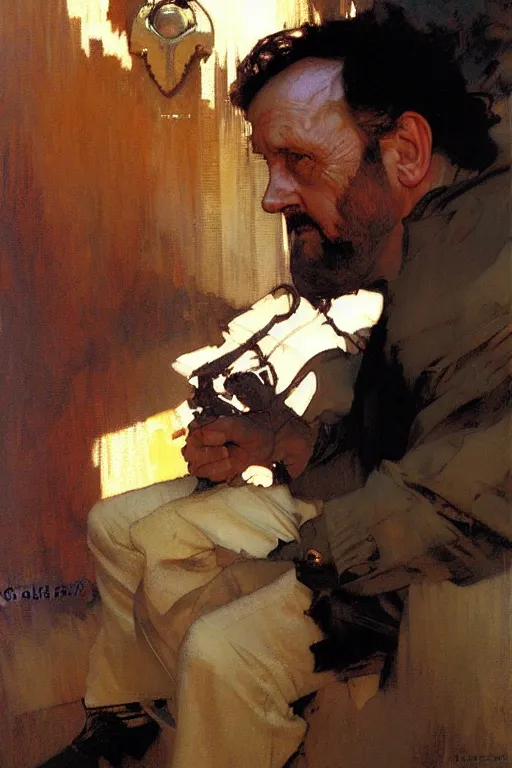 Prompt: mike ehrmantraut, painting by'phil hale '!!! gaston bussiere, craig mullins, greg rutkowski, alphonse mucha