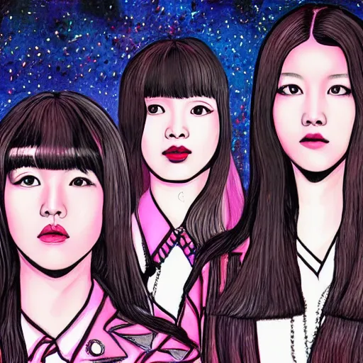 Image similar to BLACKPINK K-pop band painted in style of Juni Ito