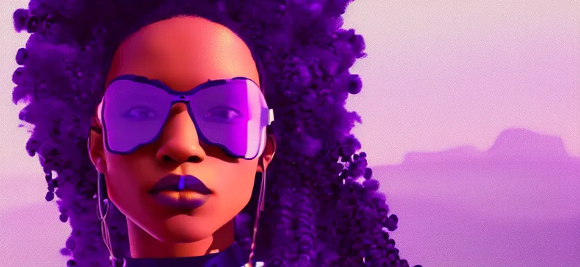 Prompt: portrait of a beautiful black woman with afro hair, cyberpunk rio de janeiro background, digital art, trending on artstation, global illumination, backlit, purple and blue, corcovado on the background