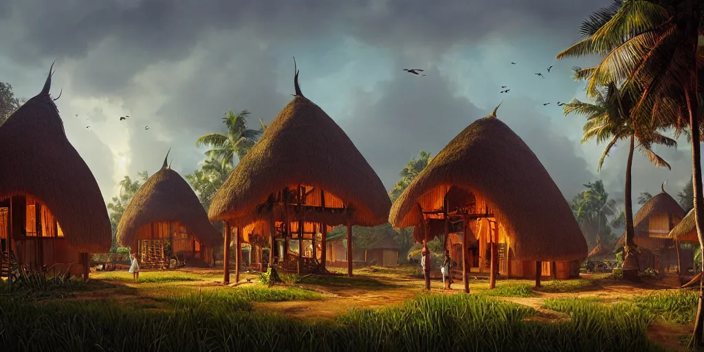 Image similar to establishing shot of a kerala village with thatched houses designed by zaha hadid, an epic fantasy, dramatic lighting, cinematic, extremely high detail, photorealistic, cinematic lighting, matte painting, artstation, by simon stalenhag, horizon forbidden west