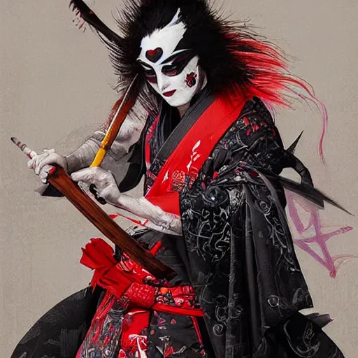 Prompt: an epic portrait of insane kabuki male wielding a spear covered in a distorting aura, intricate hakama, poofy red wig, eerie, highly detailed, dark fantasy, shallow depth of field, art by artgerm and greg rutkowski