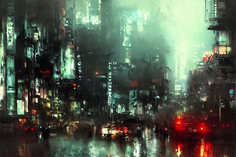 Image similar to neotokyo cityscape painted by jeremy mann, street - level, dripping oil paint, highly detailed, high resolution