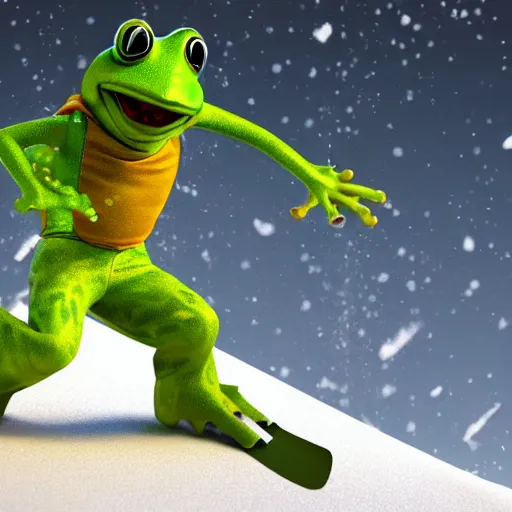 Image similar to 3 d octane render of a man dressed like a frog skiing down a snowy mountain