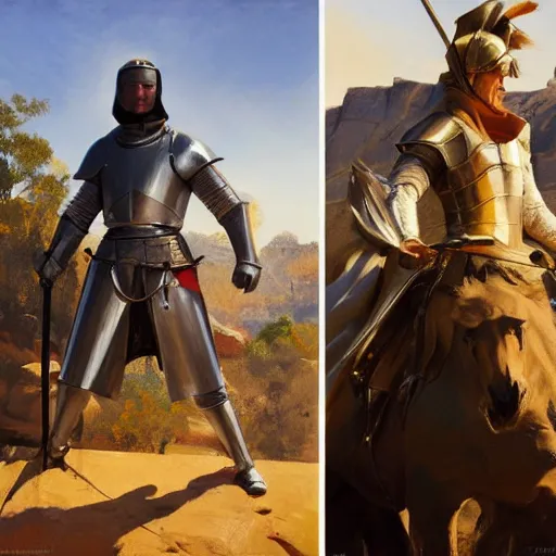 Prompt: detailed painting of a medieval knight standing near ayer's rock in the australian outback, jodhpurs greg manchess, painting by sargent and leyendecker, asymmetrical intricate elegant illustration gwent, by greg rutkowski, by greg tocchini, by craig mullins