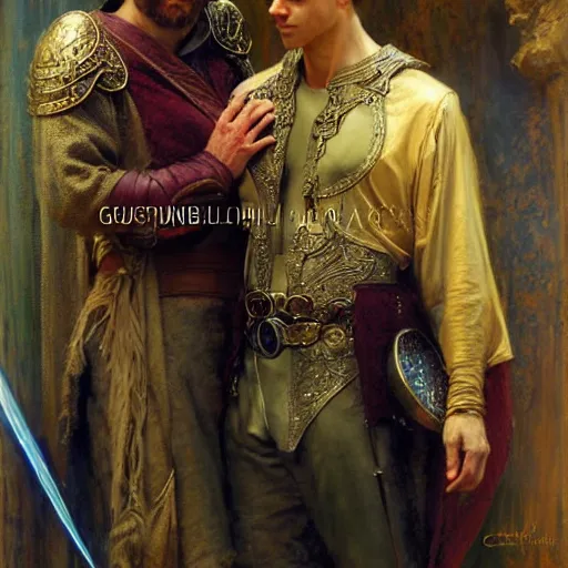 Image similar to stunning arthur pendragon in love with stunning male merlin the mage. they are close to each other. highly detailed painting by gaston bussiere, craig mullins, j. c. leyendecker