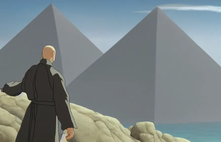 Image similar to a realistic cell - shaded cartoon of a monk in a grey robe from howl's moving castle ( 2 0 0 4 ). in the background is a white pristine pyramid in the ocean. shafts of sunlight come from above. wide shot, very dull muted colors, hd, 4 k, hq