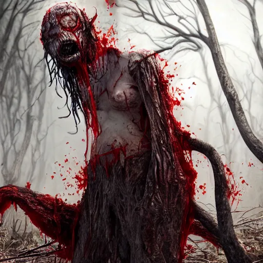 Image similar to A realistic detailed photo of a creepy witch, blood, exploded belly, red eyes, destroyed body, dead skin, dead trees, detailed body, teeth filled with cavities, foggy landscape, creepy, light particles, detailed light, realistic shaders, trending on artisation, detailed textures, detailed, realistic.