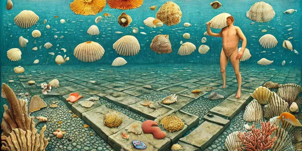 Image similar to man in the swimming suit walks down the street in the underwater city inside!! the seashell, seaweed, corals, carps, koi fish, small scandinavian!!! houses!!!, by jacek yerka by levitan, surrealistic painting, masterpiece, oil painting, sharp focus, highly detailed, intricate, smooth, 8 k,