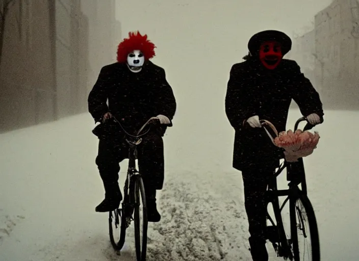 Image similar to A very high resolution image from a new movie, a clown riding a bike in a blizzard in New York City, Polaroid, directed by Steven Spielberg