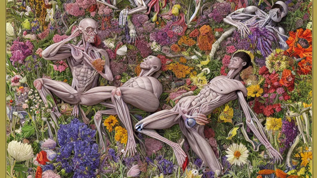 Image similar to highly detailed illustration of human anatomy surrounded by all the known species of flowers by juan gatti!!, by gottfried bammes, by moebius!, by george bridgman, by oliver vernon, by joseph moncada, by damon soule, by manabu ikeda, by kyle hotz, by dan mumford, by kilian eng