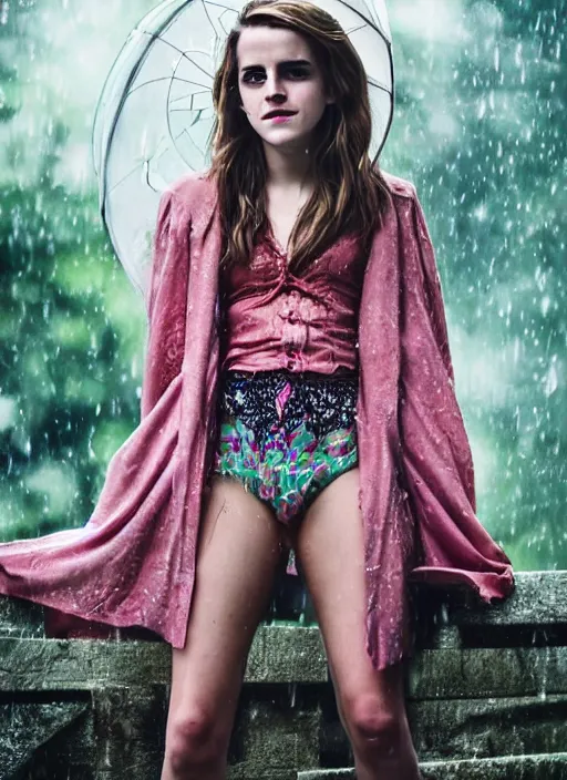 Image similar to Emma Watson for Victorian Secret, perfect face, hot summertime hippie in the rain, psychedelic, full length shot, XF IQ4, 150MP, 50mm, f/1.4, ISO 200, 1/160s, natural light, Adobe Photoshop, Adobe Lightroom, DxO Photolab, Corel PaintShop Pro, rule of thirds, symmetrical balance, depth layering, polarizing filter, Sense of Depth, AI enhanced