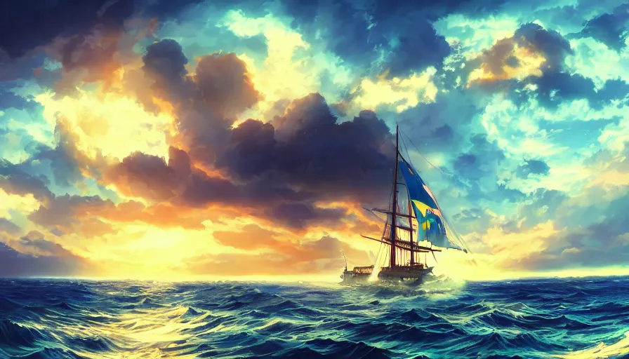 Image similar to one piece ship sailing, stormy sky, sun sunset, with blue light piercing through clouds, makoto shinkai, royal blue colors, lighting refraction, volumetric lighting, pixiv art, highly detailed, anime art, symmetrical, wlop, anime art