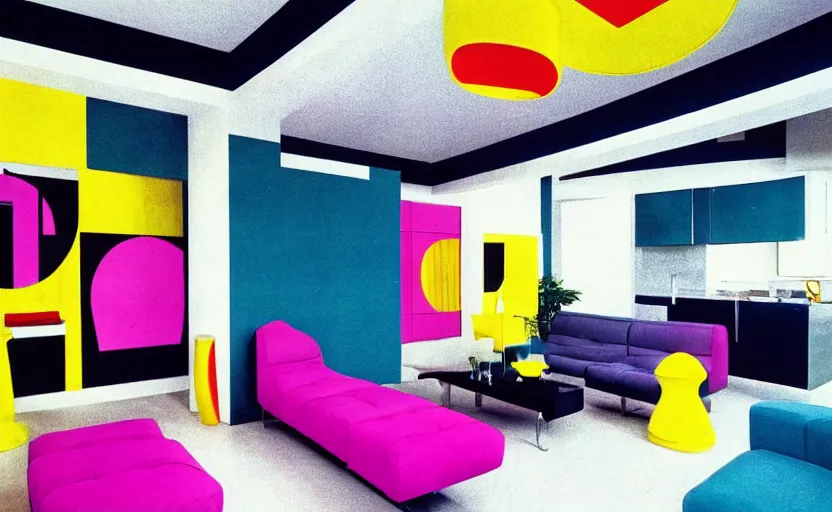 Prompt: New Wave living room interior, 1980s design, couch, retro futuristic, magenta, yellow, cyan, black and white patterns, modernist, bright, large windows