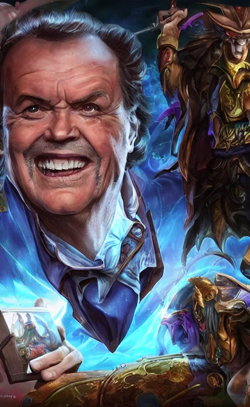 Image similar to Jack Nicholson as a character in the game League of Legends, with a background based on the game League of Legends, detailed face, old 3d graphics