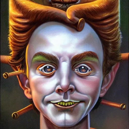 Image similar to beautiful lifelike painting of peter pan pinocchio dionysus, hyperreal detailed facial features and uv lighting, art by ed roth and basil wolverton