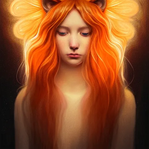 Image similar to Portrait of a girl angel with pale orange colored frizzy strands of illuminated hair, cat ears on her head, glowing halo, Lion's Mane, Lion's Gate, fantasy, intricate, elegant, highly detailed, digital painting, artstation, concept art, smooth, sharp focus, illustration, art by Krenz Cushart and Artem Demura and alphonse mucha