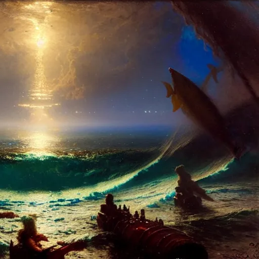 Image similar to point of view of deep in the ocean looking up, you see fishes, the milk way, night time, midnight, no sunlight. highly detailed painting by gaston bussiere, greg rutkowski 8 k